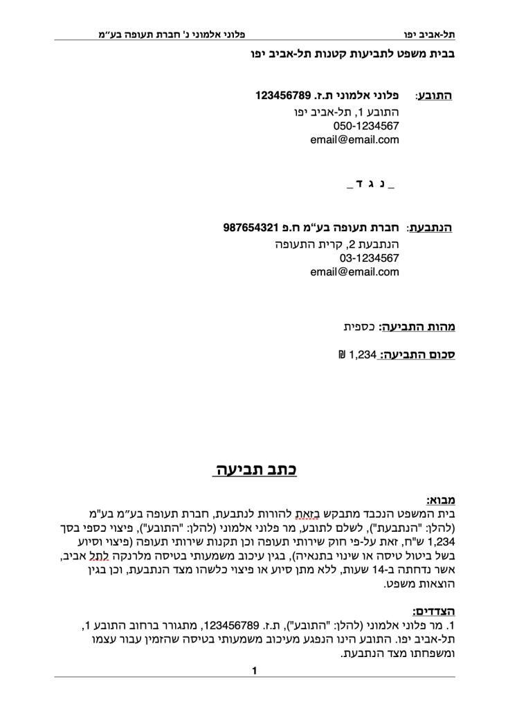 כתב תביעה קטנה לדוגמא שהוכן על ידי התובע